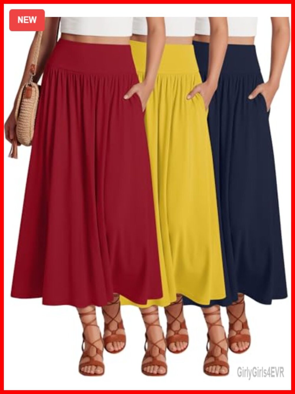 3 Pack Maxi Long Skirts Women Pleated A Line Ankle Length with Pockets